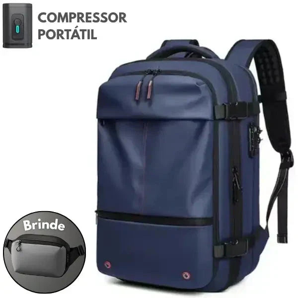 Mochila de Viagens com Compressor Portátil - UltraFit + BRINDE EXCLUSIVO Loja Online Azul 
