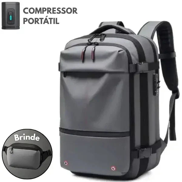 Mochila de Viagens com Compressor Portátil - UltraFit + BRINDE EXCLUSIVO Loja Online Cinza 