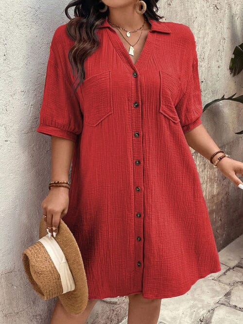 Vestido Casual Botões Frontais Plus Size - Alicya lojasoeconomia Vermelho G 